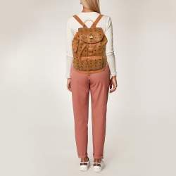 MCM Cognac Visetos Coated Canvas and Leather Medium Brandenburg Drawstring Backpack