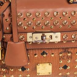 Pre Owned MCM Brown Visetos Coated Canvas and Leather Embellished Mini Heritage Top Handle Bag