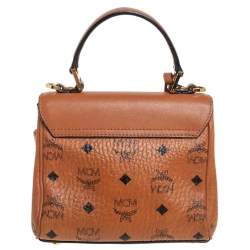 Pre Owned MCM Brown Visetos Coated Canvas and Leather Embellished Mini Heritage Top Handle Bag