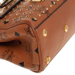 Pre Owned MCM Brown Visetos Coated Canvas and Leather Embellished Mini Heritage Top Handle Bag
