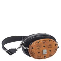 Pre Owned MCM Black/Cognac Visetos Coated Canvas Essential Multifunction Crossbody Bag