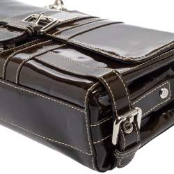 Pre Owned MCM Brown Patent Leather Buckle Detail Flap Shoulder Bag