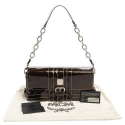 Pre Owned MCM Brown Patent Leather Buckle Detail Flap Shoulder Bag
