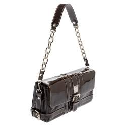 Pre Owned MCM Brown Patent Leather Buckle Detail Flap Shoulder Bag
