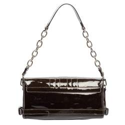 Pre Owned MCM Brown Patent Leather Buckle Detail Flap Shoulder Bag