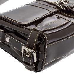 Pre Owned MCM Brown Patent Leather Buckle Detail Flap Shoulder Bag