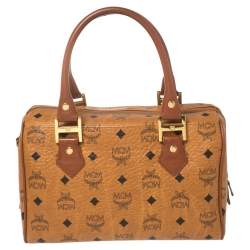 MCM Cognac Visetos Coated Canvas Small Heritage Boston Bag