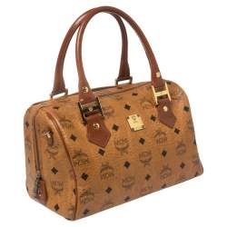 MCM Cognac Visetos Coated Canvas Small Heritage Boston Bag