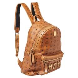 Pre Owned MCM Cognac Visetos Coated Canvas and Leather Trilogie Studded Stark Backpack