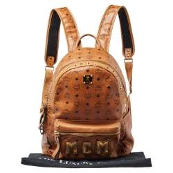 Pre Owned MCM Cognac Visetos Coated Canvas and Leather Trilogie Studded Stark Backpack