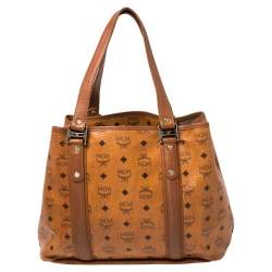 Pre Owned MCM Cognac Visetos Coated Canvas and Leather Shopper Tote