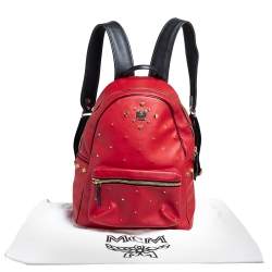 Pre Owned MCM Red Coated Canvas and Leather Stud Embellished Stark Backpack