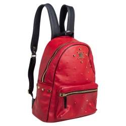 Pre Owned MCM Red Coated Canvas and Leather Stud Embellished Stark Backpack