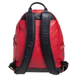 Pre Owned MCM Red Coated Canvas and Leather Stud Embellished Stark Backpack