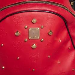 Pre Owned MCM Red Coated Canvas and Leather Stud Embellished Stark Backpack