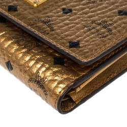 Pre Owned MCM Metallic Bronze Visetos Coated Canvas Trifold Compact Wallet