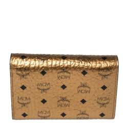 Pre Owned MCM Metallic Bronze Visetos Coated Canvas Trifold Compact Wallet