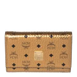 Pre Owned MCM Metallic Bronze Visetos Coated Canvas Trifold Compact Wallet