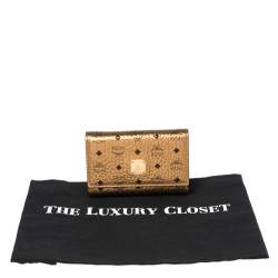 Pre Owned MCM Metallic Bronze Visetos Coated Canvas Trifold Compact Wallet