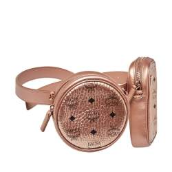 MCM Metallic Rose Gold Visetos Coated Canvas and Leather Double Belt Bag 