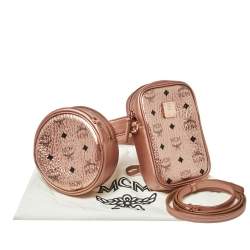 MCM Metallic Rose Gold Visetos Coated Canvas and Leather Double Belt Bag 