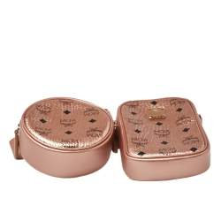 MCM Metallic Rose Gold Visetos Coated Canvas and Leather Double Belt Bag 