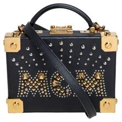 Pre Owned MCM Black Leather Studded Embellished Berlin Box Bag