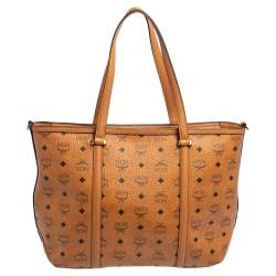 Pre Owned MCM Cognac Visetos Coated Canvas and Leather Shopper Tote