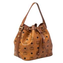 Pre Owned MCM Cognac Visetos Coated Canvas Heritage Drawstring Bucket Bag