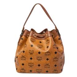 Pre Owned MCM Cognac Visetos Coated Canvas Heritage Drawstring Bucket Bag