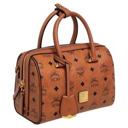 MCM Cognac Visetos Coated Canvas Small Essential Boston Bag