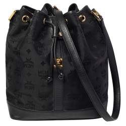 Pre Owned MCM Black Canvas and Leather Drawstring Bucket Bag