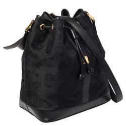 Pre Owned MCM Black Canvas and Leather Drawstring Bucket Bag