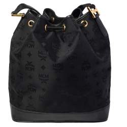 Pre Owned MCM Black Canvas and Leather Drawstring Bucket Bag