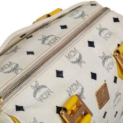 Pre Owned MCM White/Yellow Visetos Leather Small Heritage Boston Bag