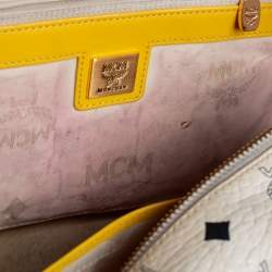 Pre Owned MCM White/Yellow Visetos Leather Small Heritage Boston Bag