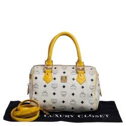 Pre Owned MCM White/Yellow Visetos Leather Small Heritage Boston Bag
