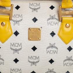 Pre Owned MCM White/Yellow Visetos Leather Small Heritage Boston Bag