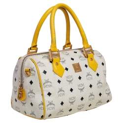 Pre Owned MCM White/Yellow Visetos Leather Small Heritage Boston Bag