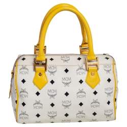 Pre Owned MCM White/Yellow Visetos Leather Small Heritage Boston Bag