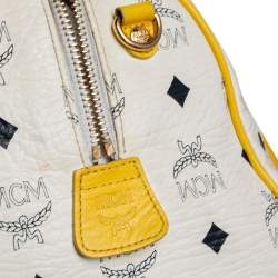 Pre Owned MCM White/Yellow Visetos Leather Small Heritage Boston Bag