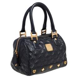 Pre Owned MCM Black Quilted Leather Embellished Boston Bag
