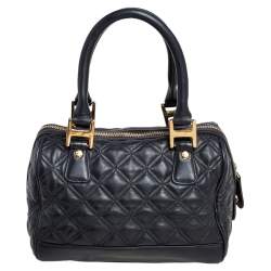 Pre Owned MCM Black Quilted Leather Embellished Boston Bag