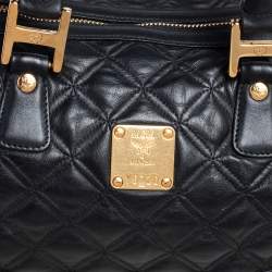 Pre Owned MCM Black Quilted Leather Embellished Boston Bag