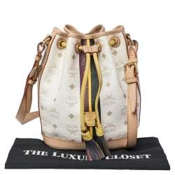 Pre Owned MCM White/Tan Visetos Coated Canvas Heritage Drawstring Bucket Bag