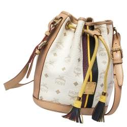 Pre Owned MCM White/Tan Visetos Coated Canvas Heritage Drawstring Bucket Bag