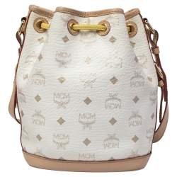 Pre Owned MCM White/Tan Visetos Coated Canvas Heritage Drawstring Bucket Bag