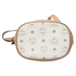 Pre Owned MCM White/Tan Visetos Coated Canvas Heritage Drawstring Bucket Bag