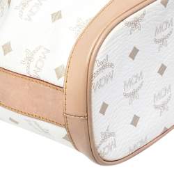 Pre Owned MCM White/Tan Visetos Coated Canvas Heritage Drawstring Bucket Bag