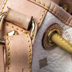 Pre Owned MCM White/Tan Visetos Coated Canvas Heritage Drawstring Bucket Bag